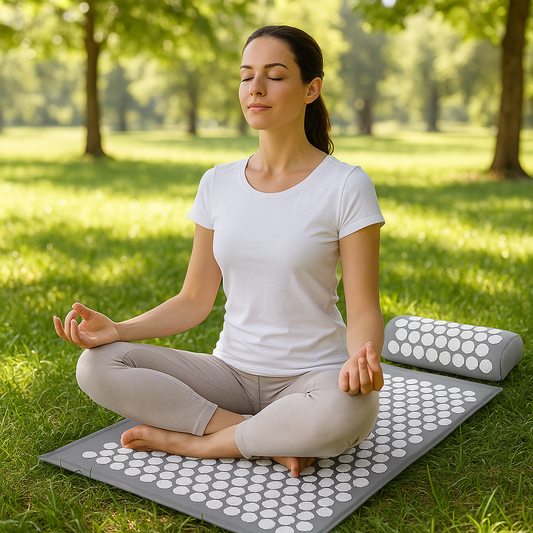 Une femme est assise en position de yoga sur le tapis fleur de lotus - Beige 