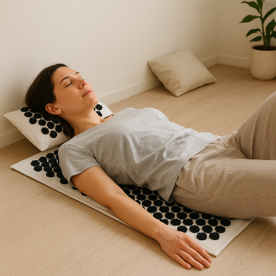 Une femme est étendue sur le dos sur le tapis de fleur de lotus - Zen eco noir 