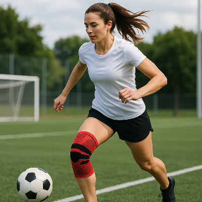 Une femme joue au foot avec la genouillere rotule - Rouge au genou 