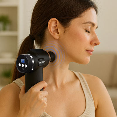 Une femme masse sa nuque avec le pistolet massant - Mini pulse