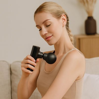 Une femme masse son bras avec le pistolet massant - RecoveryPro 