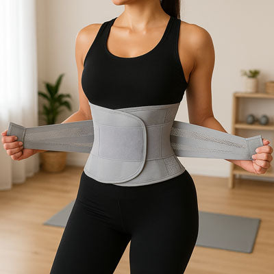 Une femme porte la ceinture dorsale - ComfortPlus dans son salon