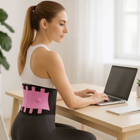Une femme porte la ceinture dorsale - Rose devant son ordinateur 