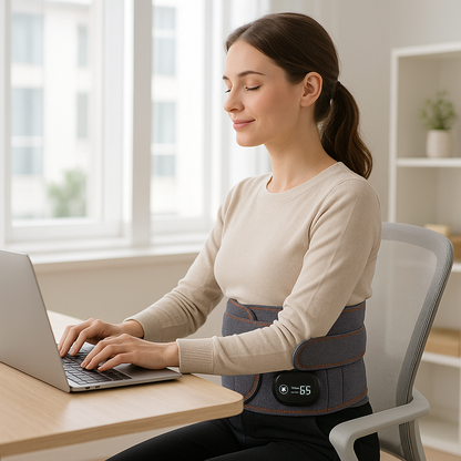 Une femme porte la ceinture lombaire chauffant FitRelax assise sur sa chaise de bureau en tapant à l'ordinateur 