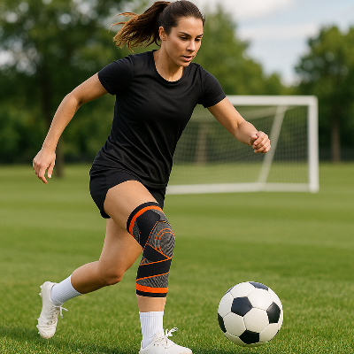 Une femme porte la genouillères - KneeXtreme durant une game de foot