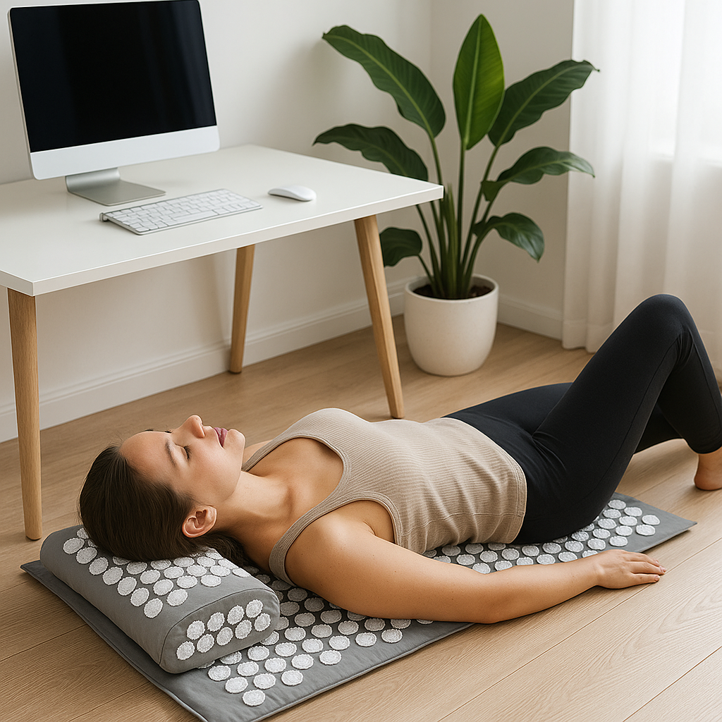 Une femme s'allonge sur le tapis fleur de lotus - Beige durant ses heures de bureau