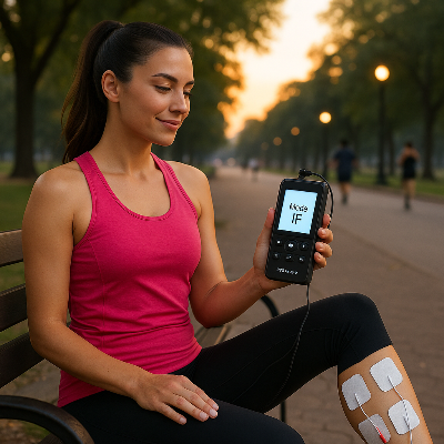 Une femme utilise l'electrostimulateur TENS, EMS, IF & RUSS - Noir après une marche à l'extérieur 
