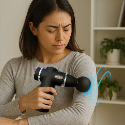 Une femme utilise le pistolet massant - Mini  pulse contre ses douleurs au bras