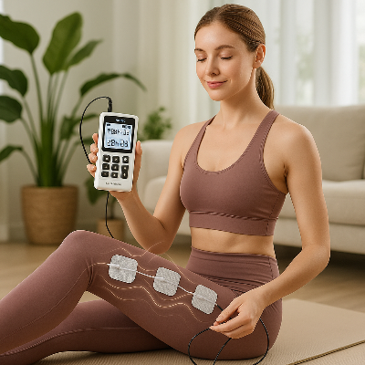 Une femme utilise un Appareil Electrostimulation- 4 en 1 - TENS, EMS, IF & RUSS- Blanc dans son salon 